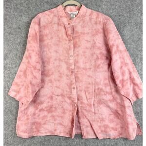 Ishyu Linen Top Womens 2X Pink Button‎ Up Tie Dye 3/4 Sleeve Relaxed Coastal
